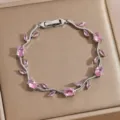 Silver vine bracelet with sparkling pink cubic zirconia stones elegant jewelry gift for women - DQ-W-4094-3
