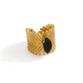 Wide gold-plated stainless steel ring featuring a black marquise cubic zirconia gemstone. - Open Adjustable / Marquise Geometric Style (DQ-W-3436-1) / Black