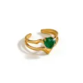 Detailed shot of gold plated stainless steel ring with green zircon gemstone in unique design. - Wave Heart Style (DQ-W-3442-2)