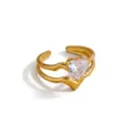 Exquisite gold-plated stainless steel open ring featuring a sparkling heart-shaped zircon stone. - Wave Heart Style (DQ-W-3442-3)