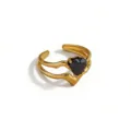 Detailed view of gold plated open ring featuring unique wavy double band and black heart stone. - Wave Heart Style (DQ-W-3442-4)