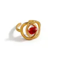 Close-up detail of the gold-plated stainless steel ring featuring a sparkling red oval zircon stone. - Twisted Snake Oval Style (DQ-W-3443-2)