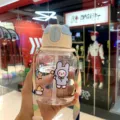 Botella de agua de plástico con pajita y correa, vaso portátil para niños y la escuela. - 600ml / Taza de Oso 2ª Gen / Azul