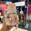 Botella de agua de plástico con oso lindo, pajita y correa para estudiantes y deportes. - 600ml / Taza de Oso 2ª Gen / Rosa