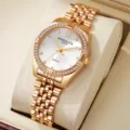 Fashionable gold-tone ladies quartz watch with rhinestone bezel and five-link strap - White Dial Gold Case