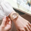 Fashion luxury ladies quartz watch with diamond bezel, pink dial, and gold strap - Pink Dial Gold Case