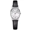 Elegante Damenquarzuhr mit ovalem silbernem Zifferblatt und schwarzem Lederband - Weißes Zifferblatt Silbernes Gehäuse Schwarzes Armband