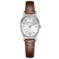 Klassische ovale Quarzuhr für Damen mit braunem Lederarmband in Krokodil-Optik - Weißes Zifferblatt Silbergehäuse Braunes Armband
