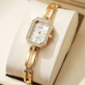 Luxuriöse goldfarbene quadratische Armbanduhr für Damen mit Kristalllünette und Quarzwerk - Weißes Zifferblatt Goldenes Armband