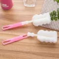 Household long-handled cup cleaning brush set with white sponge head and pink plastic handle. - Pink