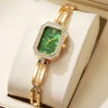 Elegante goldene Armbanduhr für Damen mit grünem quadratischem Zifferblatt und Strass - Grünes Zifferblatt Goldband