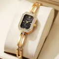 Elegante goldene rechteckige Armbanduhr für Damen mit Strass-Lünette und schwarzem Zifferblatt - Schwarzes Zifferblatt Goldenes Band