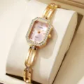 Elegante Damen-Quarzuhr mit rechteckigem Goldgehäuse und rosafarbenem Zifferblatt - Rosa Zifferblatt Goldenes Armband