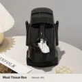 Gedetailleerd overzicht van de retro Moai hoofd tissuebox, premium ABS, stijlvol bureaudecor. - Zwart