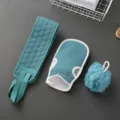 Exfoliating bath set with blue-green back scrubber, shower glove, and mesh bath sponge. - Cyan