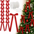 Detalle de lazos de satén rojo y cuentas de perlas artificiales para decorar el árbol. - 24 lazos + 10m cadena de perlas / Rojo