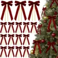 Velvet Christmas bow with gold pearl chain for tree holiday home decoration detail - Velvet Pearl Chain Double Ear Bow / 1 Piece/Pack / Burgundy