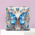 Quadratischer klappbarer Taschen-Make-up-Spiegel mit funkelndem blauen Schmetterlings-Design. - Kristallblauer Schmetterlingsschatten