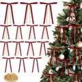 Velvet bow Christmas tree hanging pendants with long gold bead chains for holiday party decoration. - 48 Pieces/Set / Burgundy
