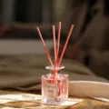 Glas-Duftdiffusor-Flasche mit rosa Rattan-Stäbchen und angenehmem Raumduft für den Wohnbereich. - Pfirsich