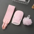 Pink bath set with exfoliating back scrubber, bath mitt, and shower puff for daily body care - Light Pink