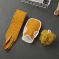 3-piece exfoliating bath set including long back scrubber strap, bath glove, and shower sponge. - Turmeric