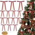 Red velvet bows with pearl chains for Christmas tree decoration and holiday hanging ornaments. - 48 Pieces/Set / Red