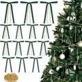 Green velvet Christmas bows with gold bead strings, 48pcs holiday tree hanging ornaments. - 48 Pieces/Set / Dark Green