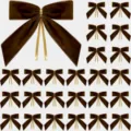 24pcs brown velvet Christmas bows with gold ribbons for holiday tree and wreath decoration pack - 2.5cm / 9x9cm / Black Coffee