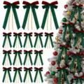 Velvet Christmas tree bows with gold bead chains, retro holiday hanging decor set. - Velvet Pearl Chain Double Ear Bow / 1 Piece/Pack / Red and Green Patchwork