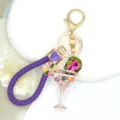 Rhinestone cocktail glass keychain detail, sparkling cat-eye stone, golden hardware charm. - Color 4 with Leather Rope