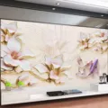3D self-adhesive mural featuring white magnolias and purple koi fish for background - Full Sheet Wallpaper / 120x240CM