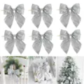 Silver glitter Christmas bows for tree decoration, shiny ribbon bow ornaments for holiday party. - 14x15cm / Silver