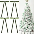 Green velvet Christmas tree bows with long tails, perfect for holiday home decor and gifts. - Olive Green
