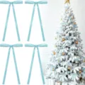Blue velvet Christmas bows, large ribbon hanging tree ornaments for holiday home decor gifts. - Lake Green