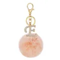 Pink fluffy faux rabbit fur pom pom keychain with rhinestone letter E charm. Gold metal clasp. - Letter E