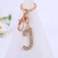 Gold rhinestone letter J keychain, alloy initial keyring pendant accessory for bag or keys detail view. - Letter J