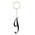 Gold-toned metal keyring featuring a sleek black enamel letter J pendant detail view. - Letter J