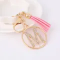 Stylish gold rhinestone letter M pink tassel keychain bag charm fashion gift accessory - Letter M