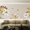 Selbstklebende 3D-Tapete im chinesischen Stil mit weißem Lotus und goldenen Koi-Fischen - Ganzes Wandtattoo (BHOO80)