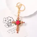 Retro rhinestone rose cross keychain light luxury dripping oil flower bag pendant charm exquisite - Pink