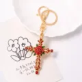 Retro rhinestone rose cross keychain luxury oil drop flower bag charm delicate key ring - Red