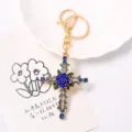 Retro rhinestone blue rose cross keychain and bag charm, exquisite alloy key ring for women. - Blue