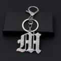 Silver rhinestone gothic letter keychain metal keyring bag pendant stylish birthday gift accessory. - M