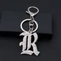 Silver Rhinestone Gothic Letter Keychain Metal Bag Pendant Birthday Gift Key Ring - Letter R