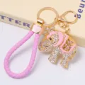 Porte-clés éléphant couronne en strass avec lanière tressée rose mignon pendentif de voiture - Couleur 5