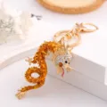 Superbe porte-clés dragon chinois doré en strass, keyring en cristal brillant pour sac auto. - Jaune
