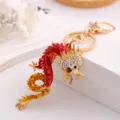 Porte-clés en métal strass dragon zodiaque style chinois pour pendentif de sac de voiture. - Rouge