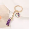Golden Keychain Purple Tassel Rhinestone H Letter Pendant Bag Accessory Charm Gift - Letter H
