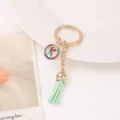 Rhinestone letter K keychain with light green leather tassel, cute bag charm accessory. - Letter K